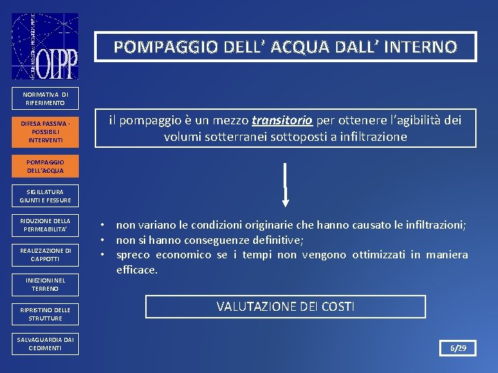 POMPAGGIO DELL’ ACQUA DALL’ INTERNO NORMATIVA DI RIFERIMENTO DIFESA PASSIVA POSSIBILI INTERVENTI il pompaggio