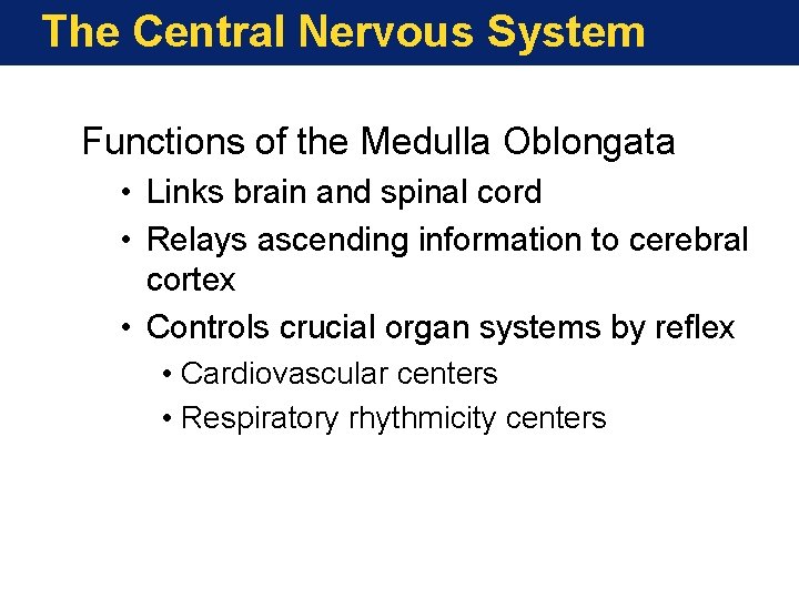 The Central Nervous System Functions of the Medulla Oblongata • Links brain and spinal