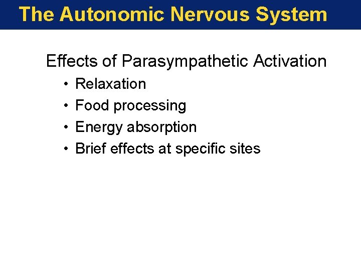 The Autonomic Nervous System Effects of Parasympathetic Activation • • Relaxation Food processing Energy