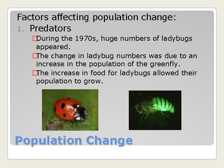 Factors affecting population change: 1. Predators �During the 1970 s, huge numbers of ladybugs