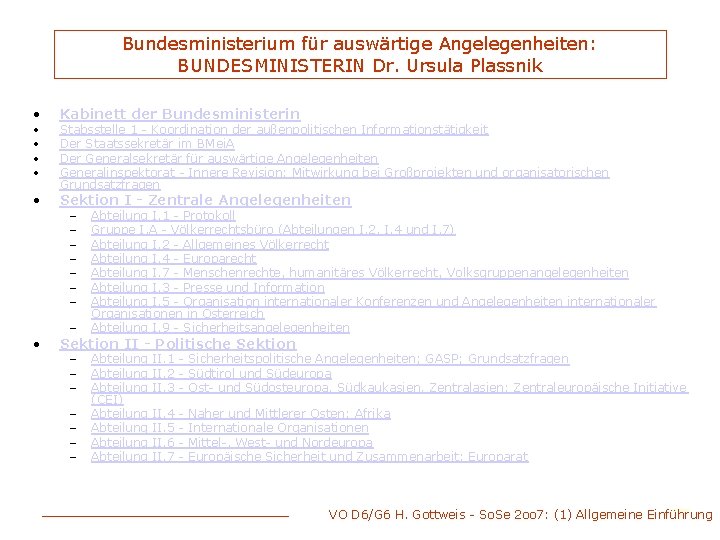 Bundesministerium für auswärtige Angelegenheiten: BUNDESMINISTERIN Dr. Ursula Plassnik • Kabinett der Bundesministerin • Sektion