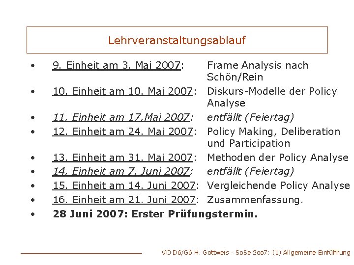 Lehrveranstaltungsablauf • • • 9. Einheit am 3. Mai 2007: Frame Analysis nach Schön/Rein