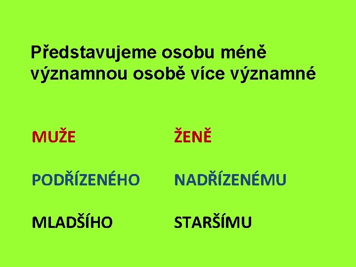 Představujeme osobu méně významnou osobě více významné MUŽE ŽENĚ PODŘÍZENÉHO NADŘÍZENÉMU MLADŠÍHO STARŠÍMU 