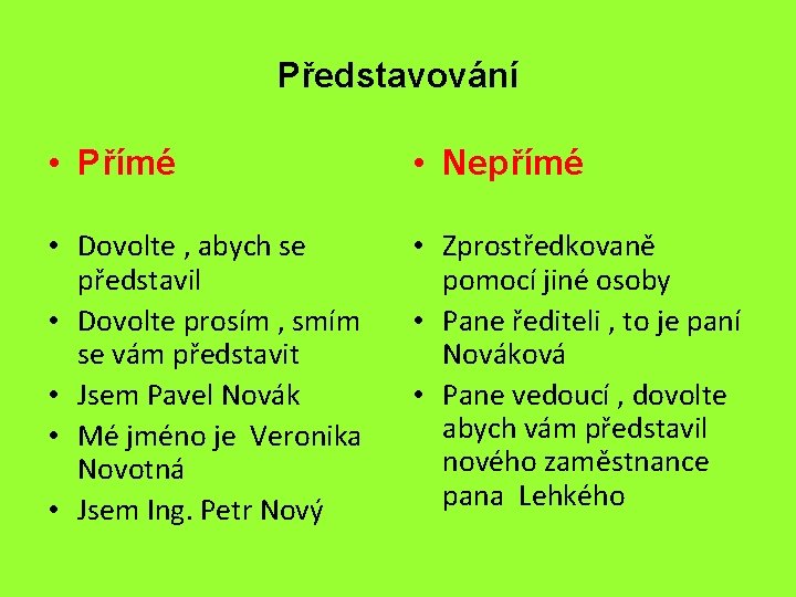 Představování • Přímé • Nepřímé • Dovolte , abych se představil • Dovolte prosím