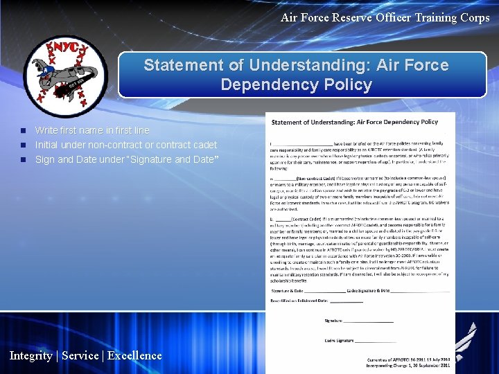 Air Force Reserve Officer Training Corps Statement of Understanding: Air Force Dependency Policy Write