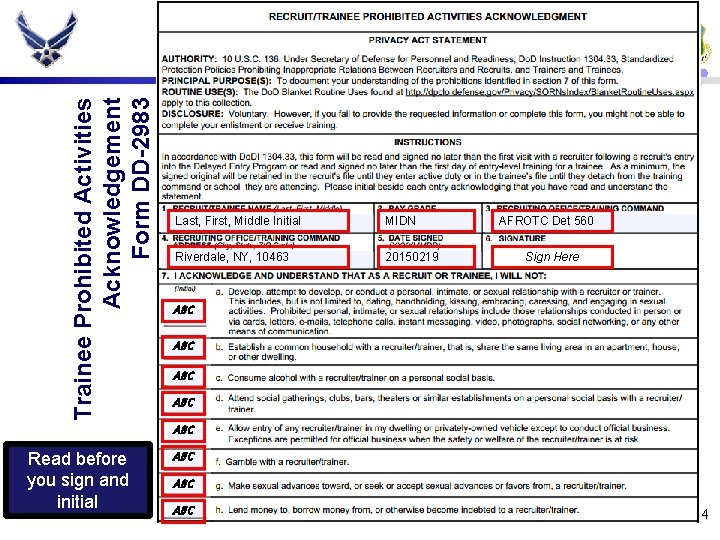 Trainee Prohibited Activities Acknowledgement Form DD-2983 Develop America's Airmen Today. . . for Tomorrow