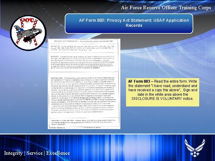 Air Force Reserve Officer Training Corps AF Form 883: Privacy Act Statement: USAF Application