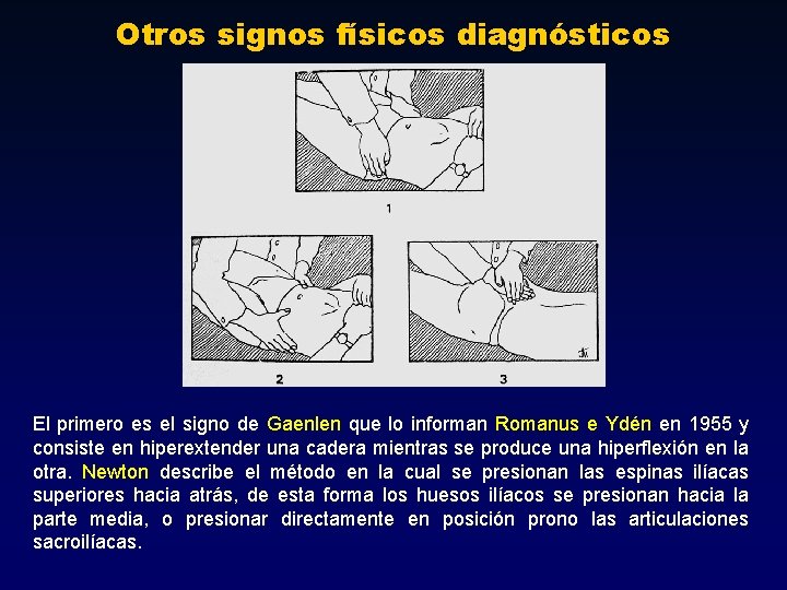 Otros signos físicos diagnósticos El primero es el signo de Gaenlen que lo informan Otros signos físicos diagnósticos El primero es el signo de Gaenlen que lo informan