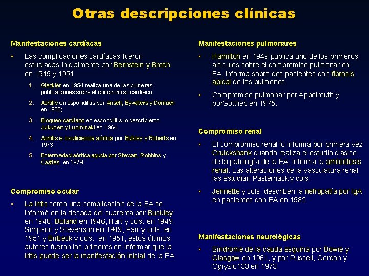 Otras descripciones clínicas Manifestaciones cardíacas Manifestaciones pulmonares • • Hamilton en 1949 publica uno Otras descripciones clínicas Manifestaciones cardíacas Manifestaciones pulmonares • • Hamilton en 1949 publica uno