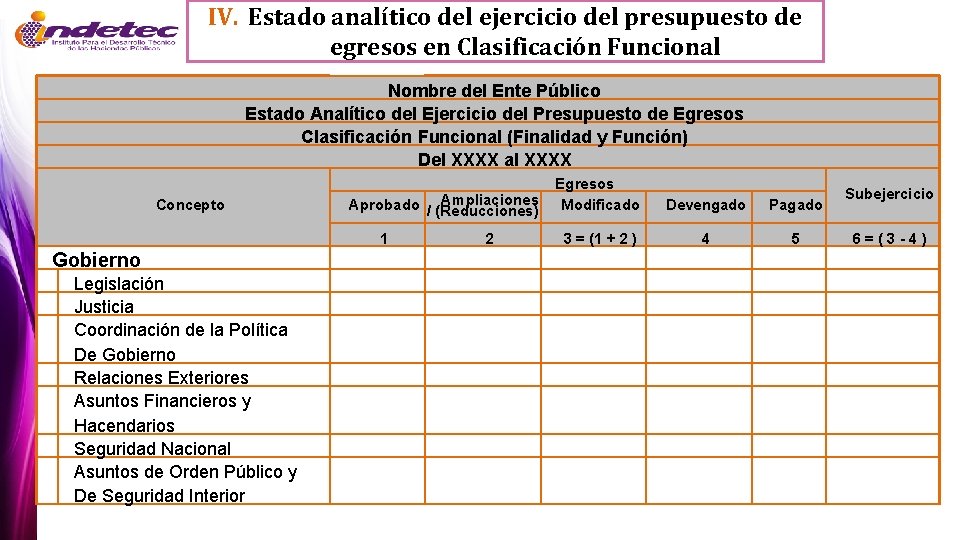 IV. Estado analítico del ejercicio del presupuesto de egresos en Clasificación Funcional Nombre del