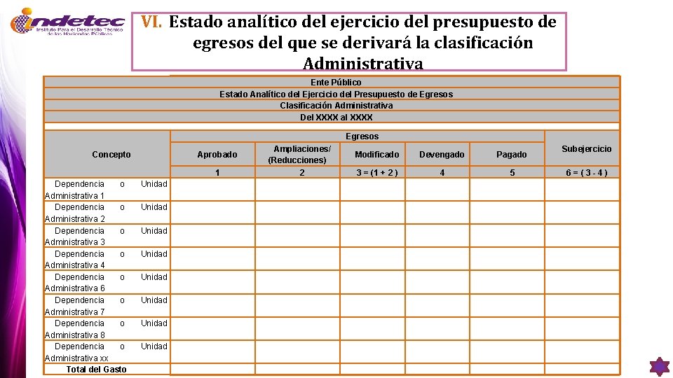 VI. Estado analítico del ejercicio del presupuesto de egresos del que se derivará la