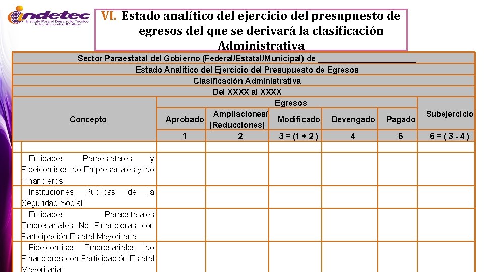 VI. Estado analítico del ejercicio del presupuesto de egresos del que se derivará la