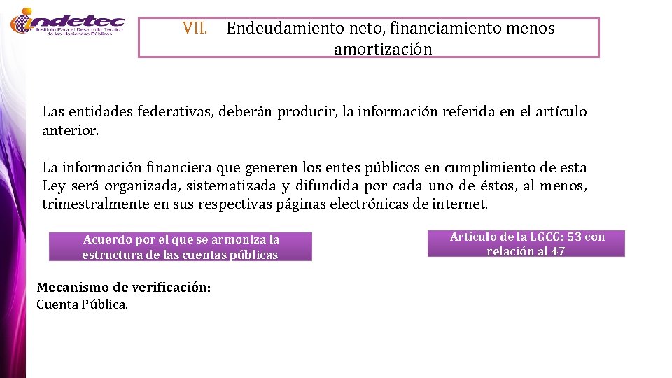 VII. Endeudamiento neto, financiamiento menos amortización Las entidades federativas, deberán producir, la información referida