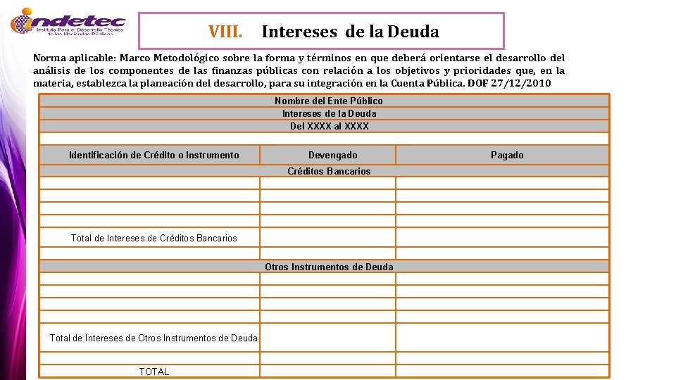 VIII. Intereses de la Deuda Norma aplicable: Marco Metodológico sobre la forma y términos