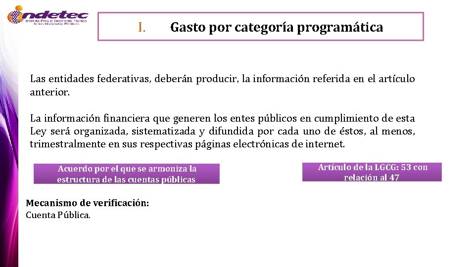 I. Gasto por categoría programática Las entidades federativas, deberán producir, la información referida en
