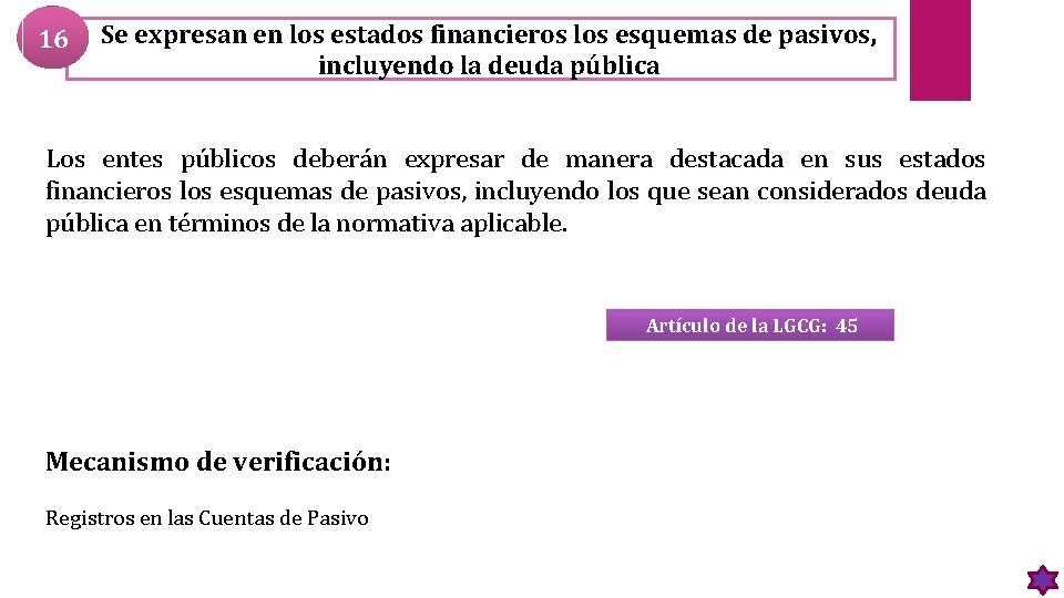 16 Se expresan en los estados financieros los esquemas de pasivos, incluyendo la deuda