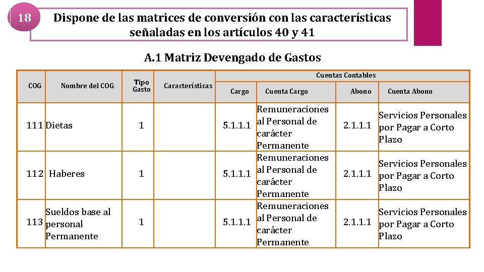 18 Dispone de las matrices de conversión con las características señaladas en los artículos