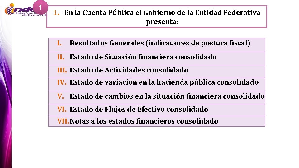 1 1. En la Cuenta Pública el Gobierno de la Entidad Federativa presenta: I.