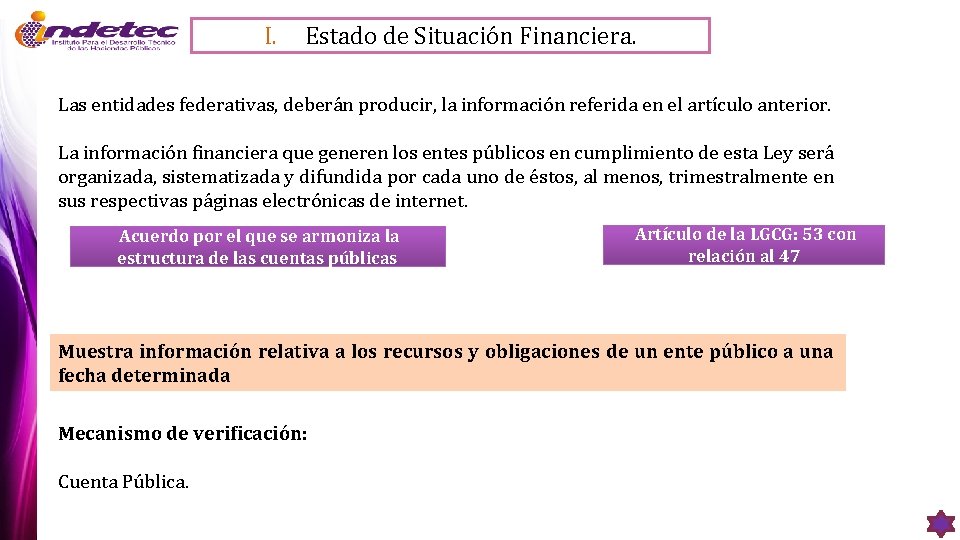 I. Estado de Situación Financiera. Las entidades federativas, deberán producir, la información referida en