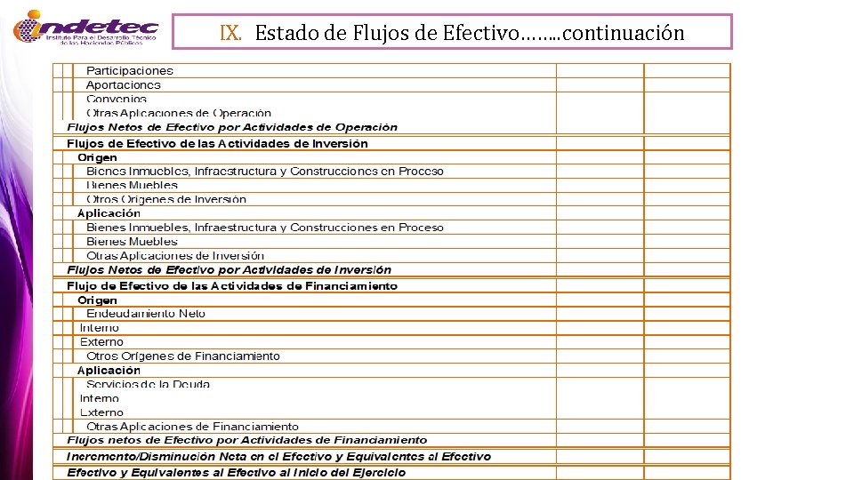 IX. Estado de Flujos de Efectivo……. . continuación 