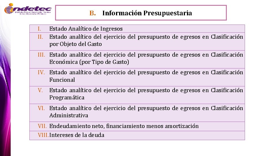 B. Información Presupuestaria I. II. Estado Analítico de Ingresos Estado analítico del ejercicio del