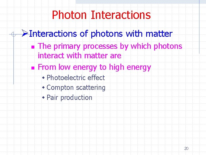 Photon Interactions ØInteractions of photons with matter n n The primary processes by which