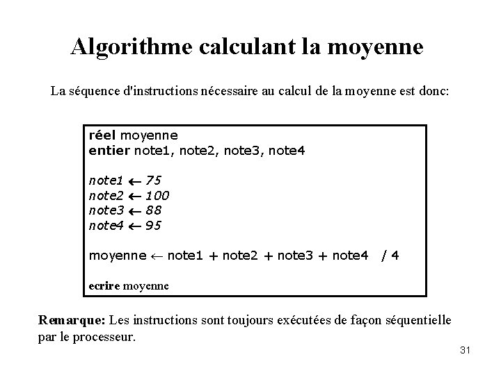 Algorithme calculant la moyenne La séquence d'instructions nécessaire au calcul de la moyenne est