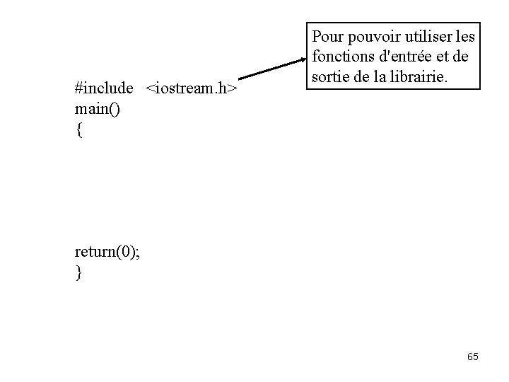 #include <iostream. h> main() { Pour pouvoir utiliser les fonctions d'entrée et de sortie