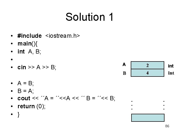 Solution 1 • • • #include <iostream. h> main(){ int A, B; • •