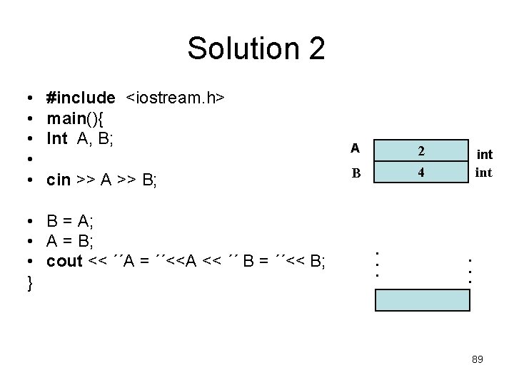 Solution 2 • • • #include <iostream. h> main(){ Int A, B; cin >>