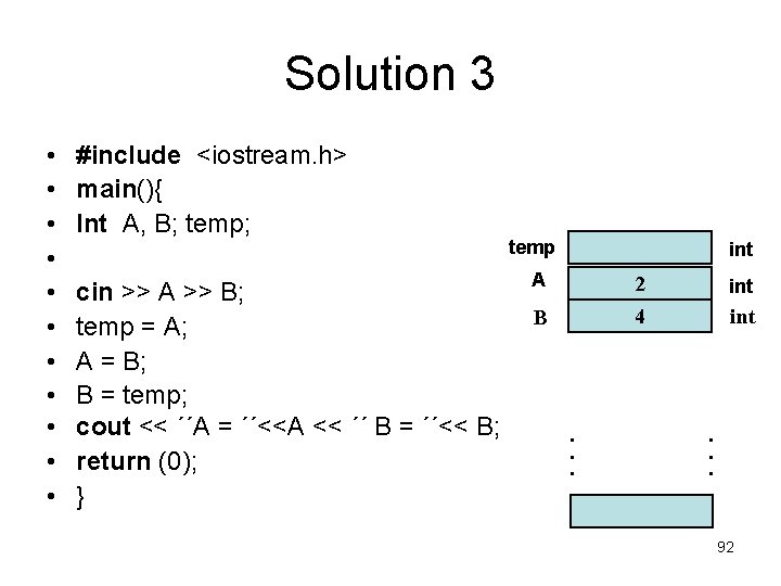 Solution 3 • • • #include <iostream. h> main(){ Int A, B; temp; cin