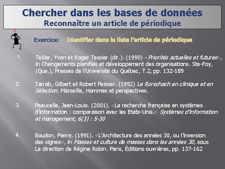 Chercher dans les bases de données Reconnaître un article de périodique Exercice: 1. Identifier