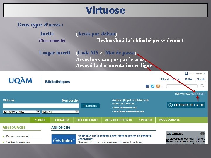 Virtuose Deux types d’accès : Invité (Accès par défaut) (Non connecté) Recherche à la