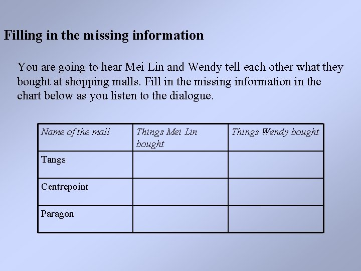 Filling in the missing information You are going to hear Mei Lin and Wendy