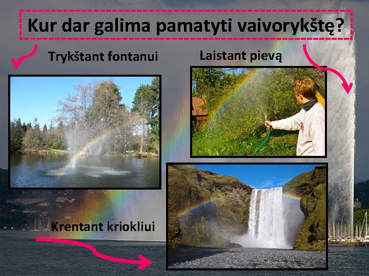Kur dar galima pamatyti vaivorykštę? Trykštant fontanui Krentant kriokliui Laistant pievą 