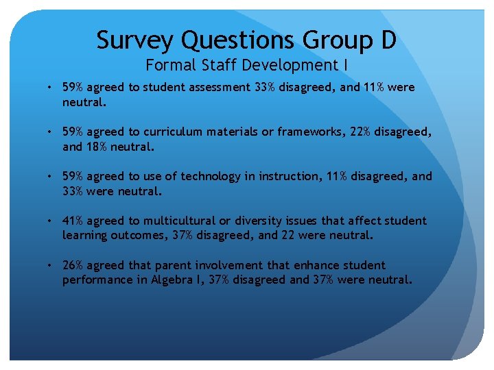 Survey Questions Group D Formal Staff Development I • 59% agreed to student assessment