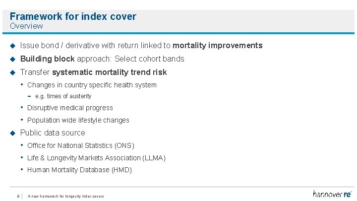 Framework for index cover Overview Issue bond / derivative with return linked to mortality