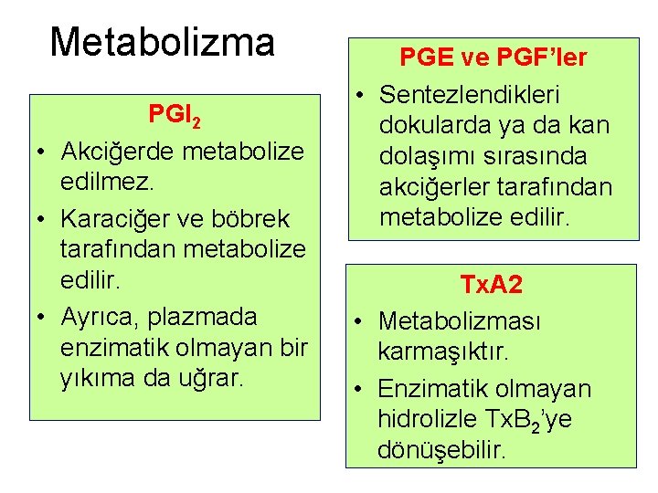 Metabolizma PGI 2 • Akciğerde metabolize edilmez. • Karaciğer ve böbrek tarafından metabolize edilir.