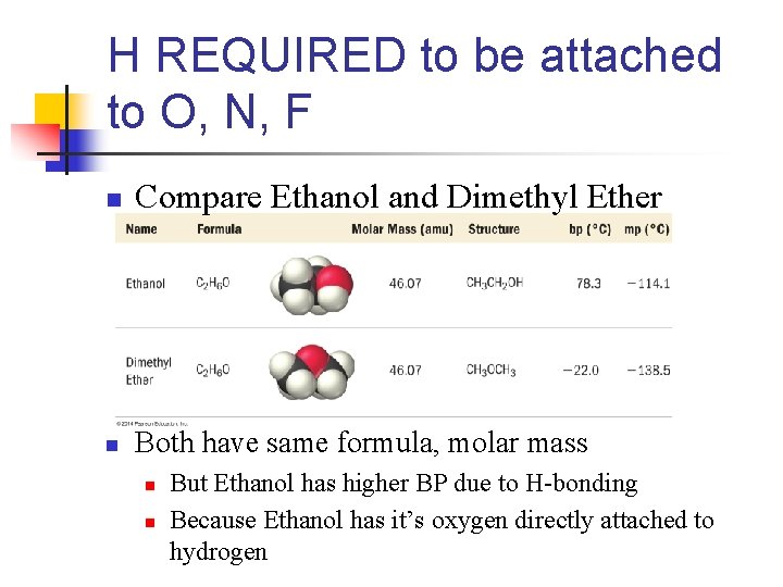 H REQUIRED to be attached to O, N, F n Compare Ethanol and Dimethyl