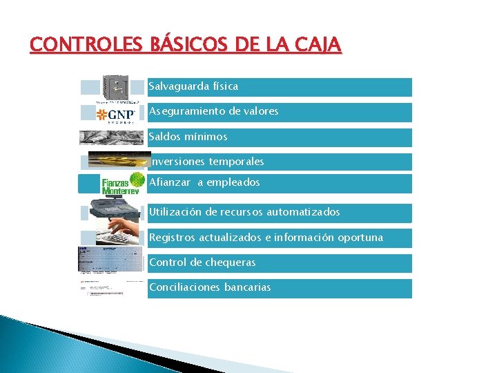CONTROLES BÁSICOS DE LA CAJA Salvaguarda física Aseguramiento de valores Saldos mínimos Inversiones temporales CONTROLES BÁSICOS DE LA CAJA Salvaguarda física Aseguramiento de valores Saldos mínimos Inversiones temporales