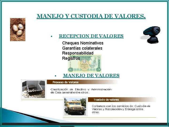 MANEJO Y CUSTODIA DE VALORES. • RECEPCION DE VALORES Cheques Nominativos Garantías colaterales Responsabilidad MANEJO Y CUSTODIA DE VALORES. • RECEPCION DE VALORES Cheques Nominativos Garantías colaterales Responsabilidad