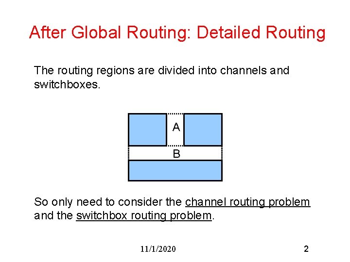 After Global Routing: Detailed Routing The routing regions are divided into channels and switchboxes.