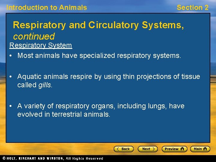 Introduction to Animals Section 2 Respiratory and Circulatory Systems, continued Respiratory System • Most