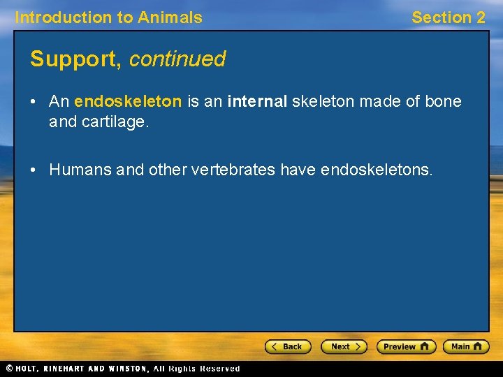 Introduction to Animals Section 2 Support, continued • An endoskeleton is an internal skeleton