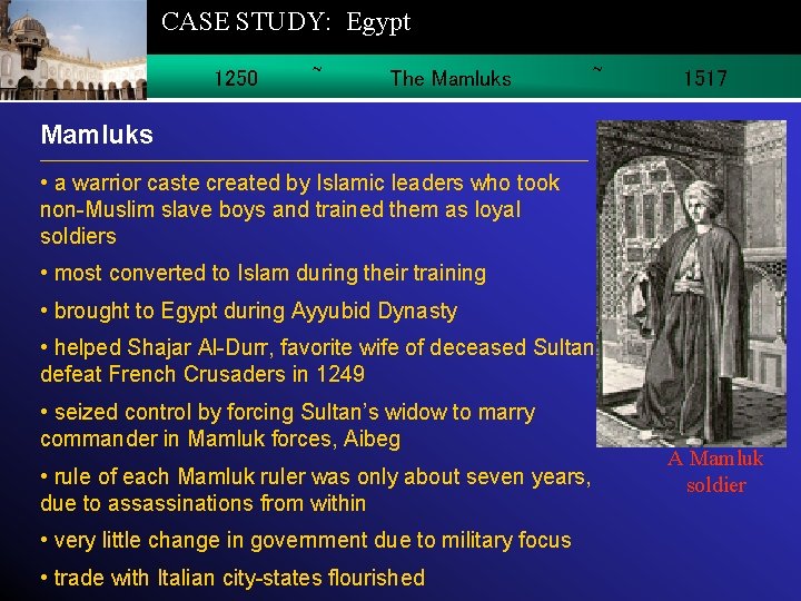 CASE STUDY: Egypt 1250 ~ The Mamluks ~ 1517 Mamluks • a warrior caste
