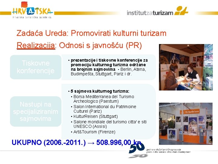 Zadaća Ureda: Promovirati kulturni turizam Realizacija: Odnosi s javnošću (PR) Tiskovne konferencije • prezentacije