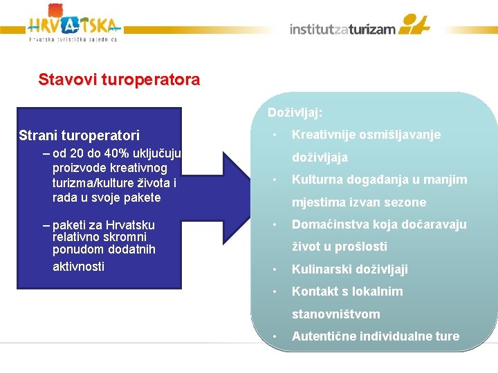 Stavovi turoperatora Doživljaj: Strani turoperatori – od 20 do 40% uključuju proizvode kreativnog turizma/kulture