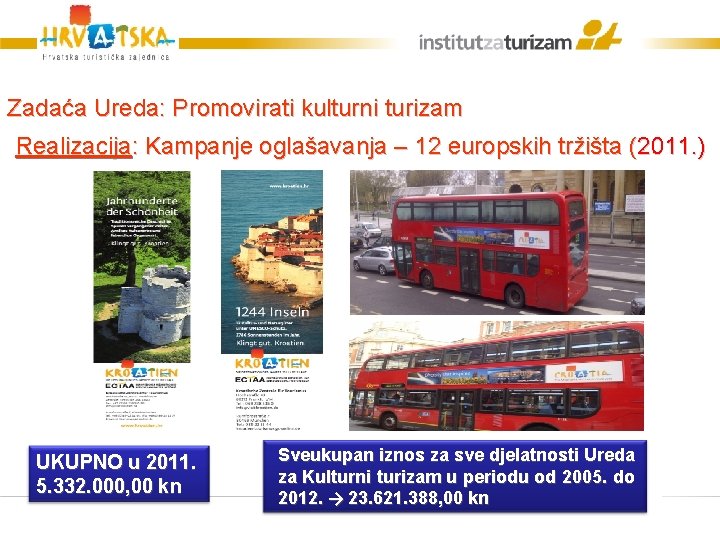 Zadaća Ureda: Promovirati kulturni turizam Realizacija: Kampanje oglašavanja – 12 europskih tržišta (2011. )