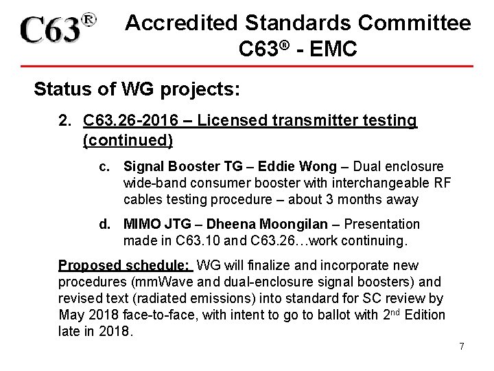 Accredited Standards Committee C 63® - EMC Status of WG projects: 2. C 63.