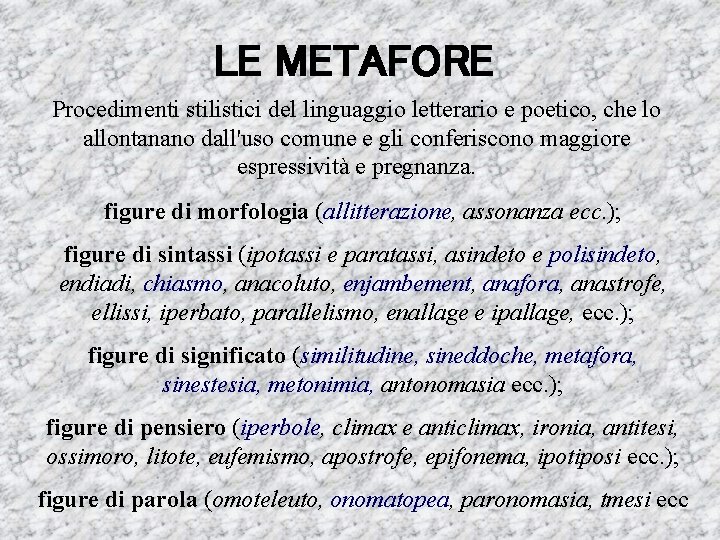 LE METAFORE Procedimenti stilistici del linguaggio letterario e poetico, che lo allontanano dall'uso comune